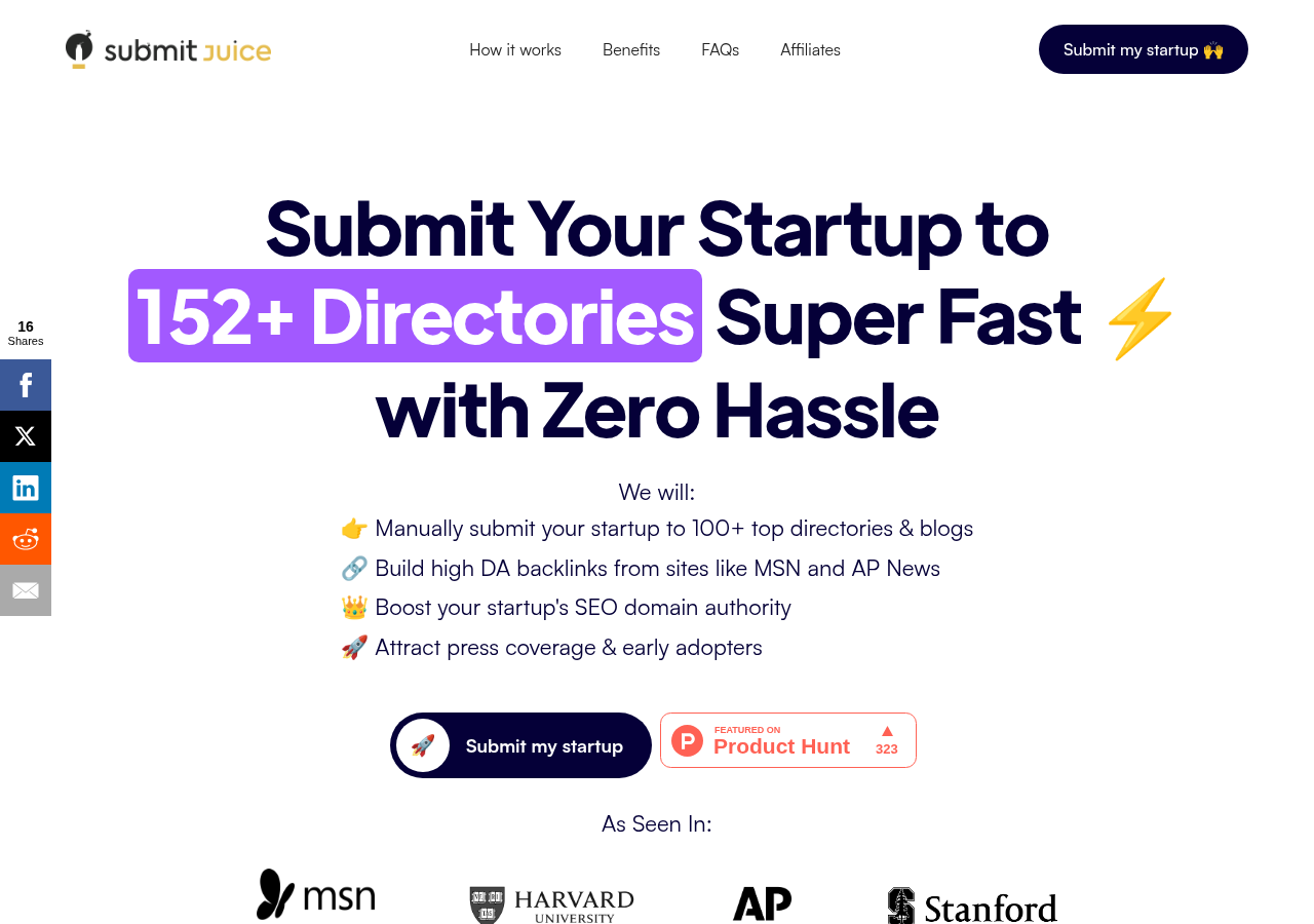 Submit Juice homepage advertising a free list of 152+ directories alongside its paid directory submission plans, captured 5 October 2026