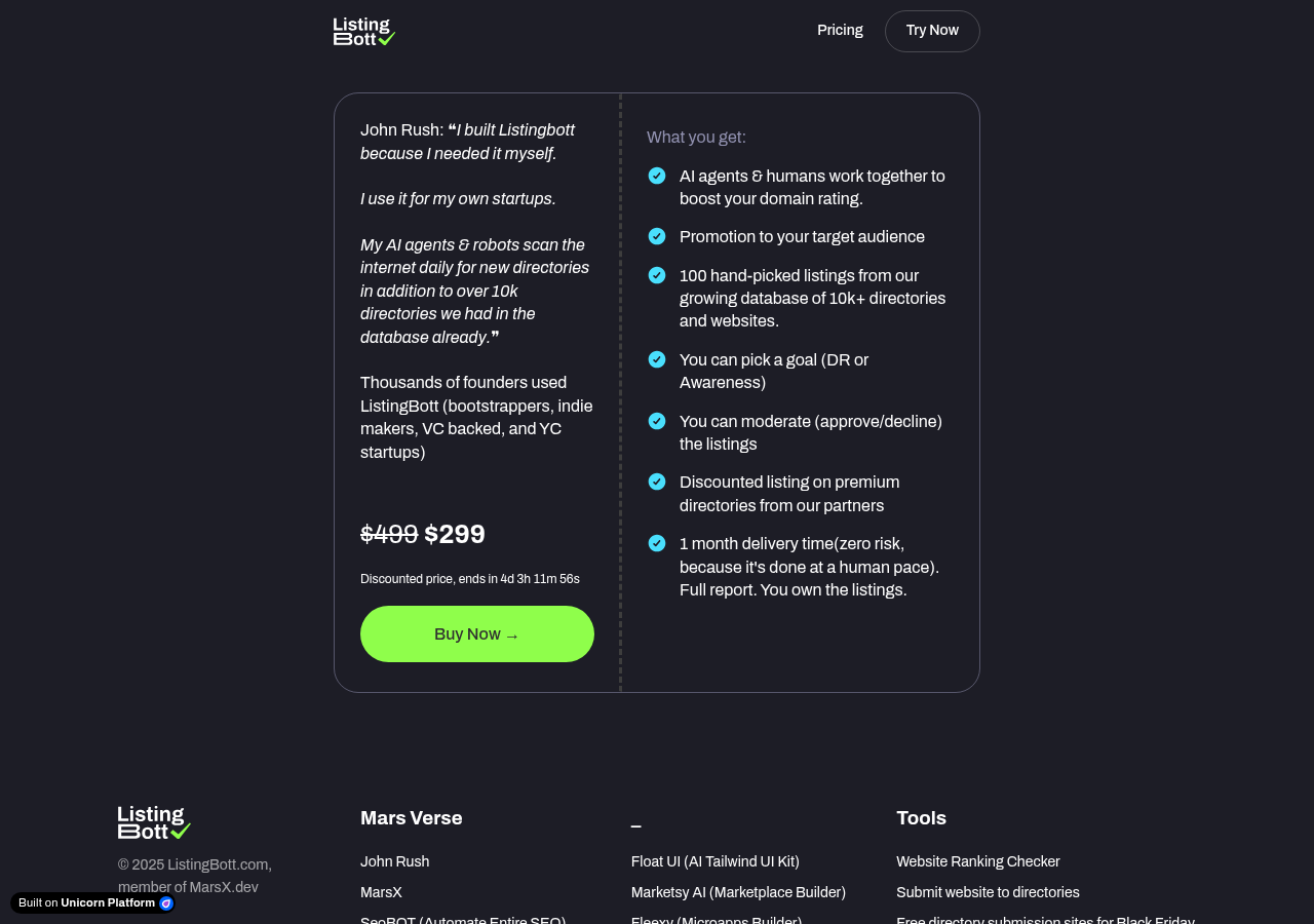 ListingBott directory submission service page showing the $299 plan for 100 listings and its DR increase guarantee wording, captured 5 October 2026