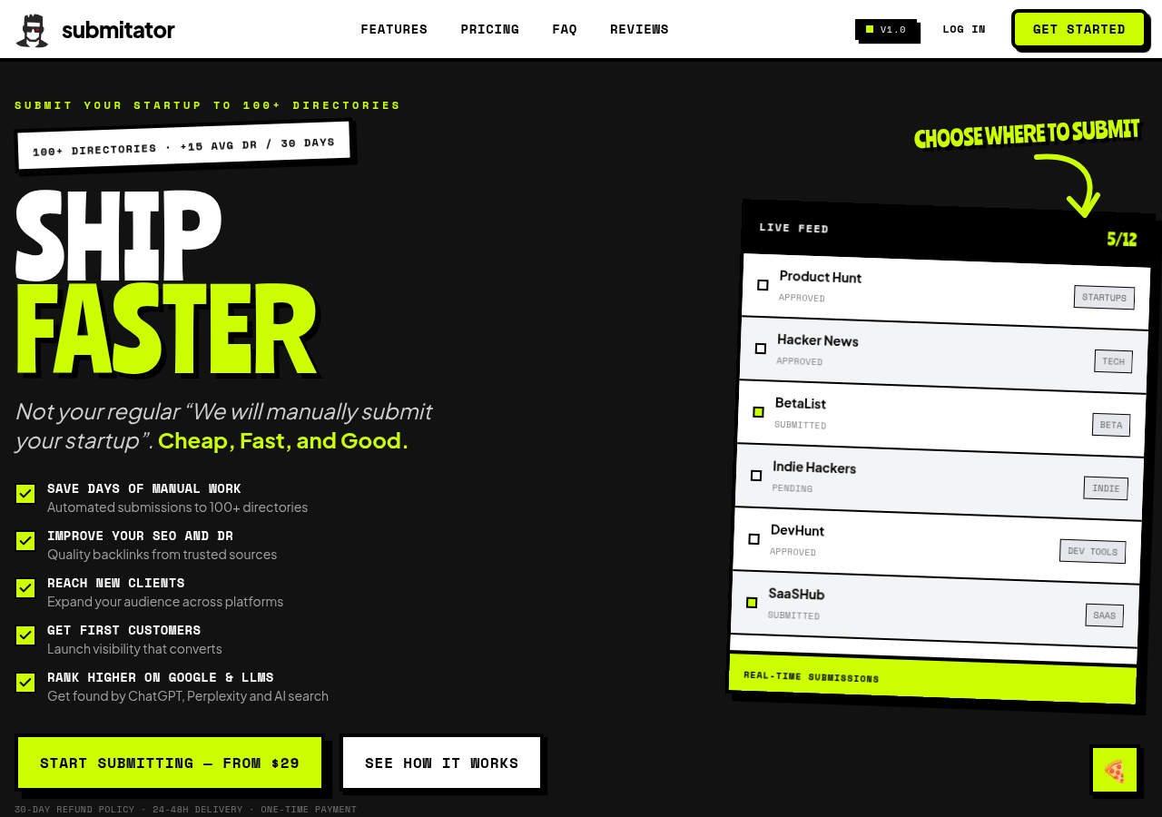 Submitator automated directory submission tool homepage with the $29 plan for 30 directories and its browser automation copy, captured 5 October 2026